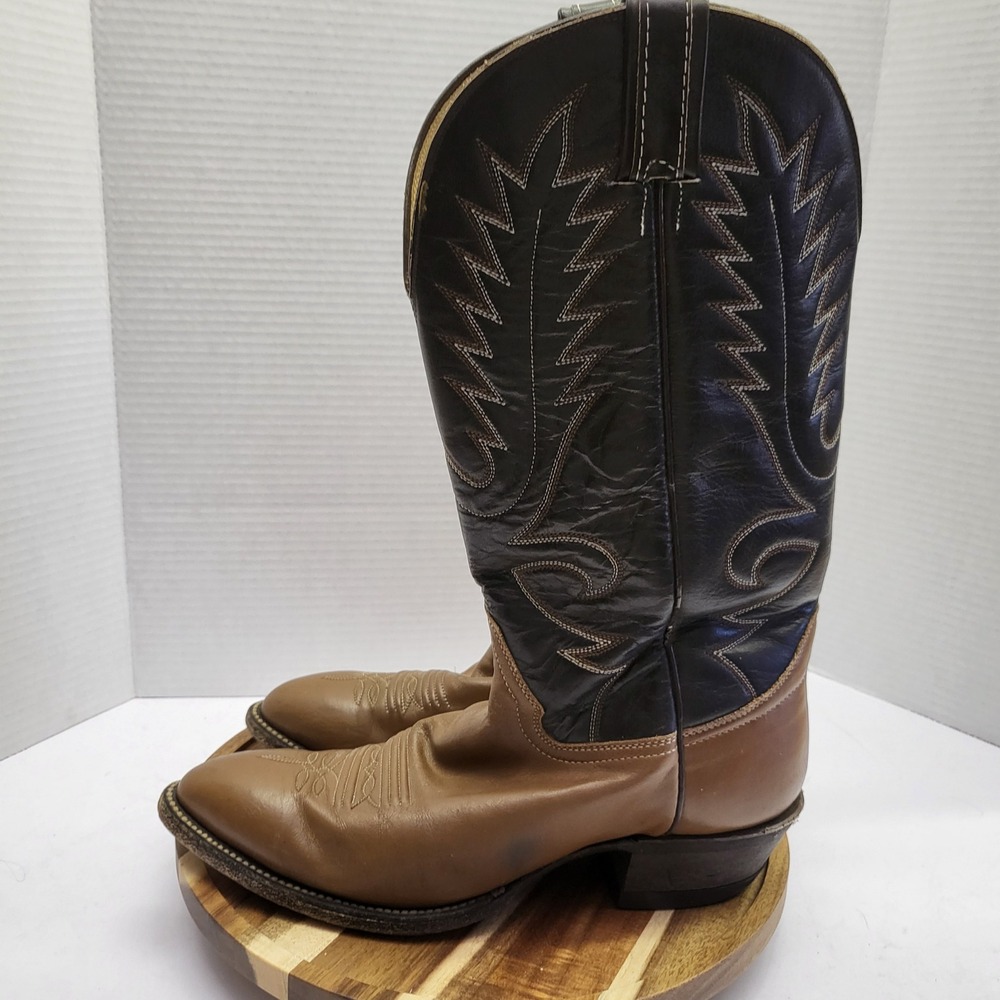 Hondo Boots Cowboy Boots Mens 10D Tan Black Good Two Tone Leather Western Stitch